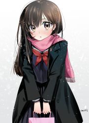 Rule 34 | 1girl, bag, black hair, brown eyes, coat, commentary request, enpera, highres, holding, long hair, looking at viewer, mo253, original, parted lips, pleated skirt, scarf, school bag, school uniform, serafuku, signature, simple background, skirt, solo, v arms, winter clothes, winter coat