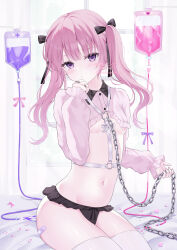 Rule 34 | 1girl, absurdres, bandaid, bandaid on leg, black panties, black ribbon, blush, breasts, chain, closed mouth, commentary, earrings, frilled panties, frills, hair ribbon, hand up, heart, heart-shaped pupils, heart earrings, highres, holding, holding chain, intravenous drip, jewelry, long hair, long sleeves, looking at viewer, murur (matsumikoru), navel, o-ring, original, panties, pill, pink hair, puffy long sleeves, puffy sleeves, purple eyes, ribbon, ring, shrug (clothing), sitting, small breasts, solo, stomach, symbol-only commentary, symbol-shaped pupils, thighhighs, twintails, underboob, underwear, watermark, white thighhighs