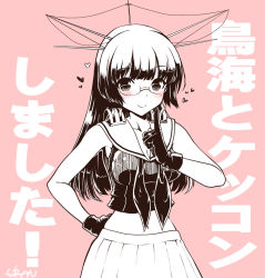Rule 34 | 10s, 1girl, blush, choukai (kancolle), glasses, gloves, hand on own hip, headgear, heart, jewelry, kantai collection, long hair, midriff, monochrome, pink background, pleated skirt, rimless eyewear, ring, skirt, smile, solo, spot color, translation request, uran (uran-factory), wedding band