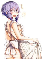 Rule 34 | !?, 1girl, @ @, ^^^, alternate costume, apron, ass, breasts, commentary request, embarrassed, from behind, looking at viewer, low twintails, maid apron, naked apron, open mouth, plan (planhaplalan), purple eyes, purple hair, short hair with long locks, sideboob, small breasts, solo, spoken interrobang, surprised, thighs, twintails, vocaloid, voiceroid, wavy mouth, yuzuki yukari