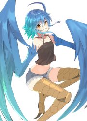 Rule 34 | 1girl, absurdres, ahoge, blue hair, brown eyes, camisole, feathered wings, female focus, grin, harpy, highres, midriff, monster girl, monster musume no iru nichijou, navel, papi (monster musume), short hair, short shorts, shorts, simple background, smile, solo, tell1732, white background, wings