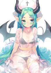 Rule 34 | 1girl, absurdres, arms at sides, artist name, bandaged leg, bandages, bat wings, bikini, black bikini, black wings, blush, breasts, cleavage, closed mouth, collarbone, daefny, demon girl, demon horns, demon tail, demon wings, eyelashes, facial mark, facial tattoo, gloves, green eyes, green hair, heart, heart tattoo, highres, horns, leg tattoo, long hair, looking away, navel, nurse, original, parted bangs, pointy ears, sidelocks, sitting, small breasts, solo, sparkle, spread wings, stomach, swimsuit, tail, tattoo, very long hair, white background, white gloves, white headwear, wings