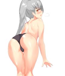 Rule 34 | 1girl, absurdres, bare back, bare legs, bare shoulders, black panties, blush, breath, closers, grey hair, highres, long hair, looking back, open mouth, panties, red eyes, simple background, solo, tina (closers), underwear