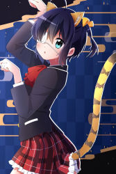 Rule 34 | 1girl, :o, ahoge, animal ears, arm up, black jacket, blue background, blush, bow, bowtie, chuunibyou demo koi ga shitai!, commentary request, eyepatch, frilled skirt, frills, from side, green eyes, hair ribbon, hand up, happy new year, highres, icho private high school uniform, jacket, long sleeves, looking at viewer, magupimu, medical eyepatch, new year, one side up, outline, plaid, plaid skirt, pleated skirt, red bow, red bowtie, red skirt, ribbon, school uniform, short hair, skirt, solo, tail, takanashi rikka, tiger ears, tiger girl, tiger tail, white outline, yellow ribbon