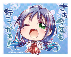 Rule 34 | 1girl, :3, artist name, blue background, blue hair, commentary request, fang, floral background, green eyes, hakama, hakama skirt, ichinose ibuki, japanese clothes, kantai collection, long hair, looking at viewer, low twintails, miko, new year, no nose, one eye closed, red hakama, ribbon, skirt, smile, solo, suzukaze (kancolle), translated, twintails