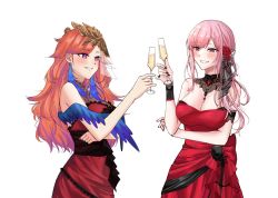 Rule 34 | 2girls, alcohol, couple, cup, dress, drinking glass, earrings, feather earrings, feathers, glass, gradient hair, hololive, hololive english, ima35p 35suki, jewelry, long hair, looking at another, mori calliope, mori calliope (party dress), multicolored hair, multiple girls, official alternate costume, red dress, sleeveless, sleeveless dress, smile, strapless, strapless dress, takanashi kiara, takanashi kiara (party dress), toasting (gesture), virtual youtuber, wine, wine glass, yuri