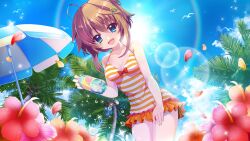Rule 34 | 1girl, ahoge, bird, blue eyes, blue sky, blue umbrella, bottle, bow, breasts, brown hair, cleavage, cloud, coconut, coconut tree, collarbone, day, dripping, film grain, flower, frilled one-piece swimsuit, frills, from below, game cg, hair ornament, hairclip, hand on own leg, hand on own thigh, hibiscus, hibiscus petals, holding, holding bottle, izumi tsubasu, lens flare, looking at viewer, medium breasts, multicolored clothes, multicolored swimsuit, multicolored umbrella, non-web source, official art, one-piece swimsuit, open mouth, orange one-piece swimsuit, orange skirt, orange stripes, outdoors, palm tree, petals, pink flower, plastic bottle, polka dot, polka dot bow, rainbow, re:stage!, red bow, seagull, shikimiya mana, short hair, skirt, sky, smile, solo, sparkle, striped clothes, striped one-piece swimsuit, sun, swimsuit, tree, umbrella, white one-piece swimsuit, white polka dots, white stripes, white umbrella