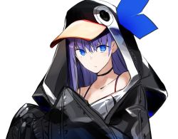 Rule 34 | 1girl, animal costume, bare shoulders, blue eyes, choker, collarbone, fate/extra, fate/extra ccc, fate/grand order, fate (series), hair ribbon, hood, hood up, hoodie, long hair, meltryllis, meltryllis (fate), meltryllis (swimsuit lancer) (fate), meltryllis (swimsuit lancer) (first ascension) (fate), nishiide kengorou, parted lips, penguin costume, purple hair, ribbon, simple background, sleeves past wrists, solo, white background