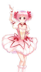 Rule 34 | 10s, 1girl, arm up, bubble skirt, choker, dorris, gloves, hair ribbon, highres, kaname madoka, magical girl, mahou shoujo madoka magica, mahou shoujo madoka magica (anime), pink eyes, pink hair, puffy sleeves, ribbon, short hair, short twintails, simple background, skirt, solo, twintails, white gloves
