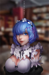 Rule 34 | 10s, 1girl, arm garter, black bow, blue eyes, blue hair, blurry, bow, breasts, chinese text, cleavage, depth of field, detached sleeves, dress, eyelashes, hair ornament, hair over one eye, highres, lips, lipstick, looking at viewer, maid, maid headdress, makeup, matching hair/eyes, medium breasts, miao lin, nose, parted lips, pink lips, portrait, re:zero kara hajimeru isekai seikatsu, realistic, rem (re:zero), ribbon-trimmed collar, ribbon trim, short hair, solo, underbust, upper body, x hair ornament