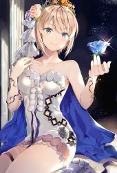 Rule 34 | 1girl, bare legs, bare shoulders, blonde hair, blue cape, blue eyes, blue flower, blue rose, blush, boots, breasts, cape, cleavage, closed mouth, collarbone, crown, dress, europa (granblue fantasy), female focus, flower, gem, granblue fantasy, hair between eyes, hair flower, hair ornament, hands up, head tilt, highres, holding, holding flower, holding rose, jewelry, legs, looking at hand, medium breasts, neck, pillar, pink flower, pink rose, purple flower, purple rose, rose, seiza, short dress, short hair, sidelocks, sitting, smile, soraneko hino, strapless, strapless dress, thighs, tiara, topaz (stone), tube dress, wariza, white dress, white footwear