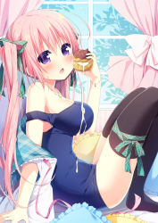 Rule 34 | 1girl, :o, arm support, arm up, bare shoulders, black thighhighs, blue one-piece swimsuit, blush, bow, breasts, cleavage, commentary request, cream puff, curtains, food, from side, green bow, hair between eyes, hair bow, hanamiya natsuka, head tilt, holding, holding food, jewelry, large breasts, long hair, looking at viewer, no shoes, off shoulder, one-piece swimsuit, open mouth, original, pastry, pendant, pink hair, plaid, plaid bow, purple eyes, school swimsuit, sexually suggestive, sidelocks, solo, star (symbol), strap slip, swimsuit, thighhighs, twintails, very long hair, vest, white vest, window