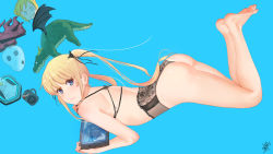 Rule 34 | 10s, 1girl, absurdres, artist name, ass, bare arms, bare legs, bare shoulders, barefoot, black bra, black panties, black ribbon, black wings, blonde hair, blue background, blue eyes, bra, character doll, closed mouth, dragon horns, dragon tail, dragon wings, drawing tablet, fang, fang out, feet, fingernails, from side, full body, hair ornament, hair ribbon, highres, holding, horns, kobayashi-san chi no maidragon, lace, lace-trimmed bra, lace-trimmed panties, lace trim, long fingernails, long hair, looking at viewer, looking to the side, panties, pulled by self, ribbon, saenai heroine no sodatekata, sawamura spencer eriri, sidelocks, simple background, smile, soles, solo, steamy tomato, strap pull, tail, the witcher (series), the witcher 3, thong, tohru (dragon) (maidragon), tohru (maidragon), twintails, twisted neck, underwear, underwear only, wings