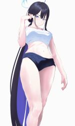 Rule 34 | 1girl, bare shoulders, black hair, blue archive, blue eyes, blush, breasts, halo, highres, kuu (user gngs5284), large breasts, long hair, looking at viewer, navel, pointy ears, rin (blue archive), solo, thighs