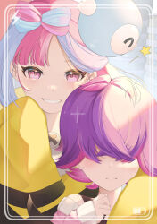 Rule 34 | 2girls, blue hair, blush, bow-shaped hair, cardigan, character hair ornament, closed mouth, commentary request, creatures (company), dot (pokemon), eyelashes, framed, game freak, grin, hair ornament, hair over eyes, highres, iono (pokemon), jacket, multicolored hair, multiple girls, nintendo, pink eyes, pink hair, pokemon, pokemon (anime), pokemon horizons, purple hair, smile, star (symbol), teeth, tonbo (tonbo63194), two-tone hair, yellow jacket