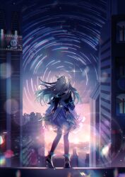 Rule 34 | 1girl, absurdres, aqua hair, billboard, blue dress, building, butterfly hair ornament, city, cityscape, clockie (honkai: star rail), dress, facing away, firefly (honkai: star rail), floating hair, from behind, gradient hair, gradient sky, grey hair, hair ornament, highres, honkai: star rail, honkai (series), kleinlight, lens flare, lens flare abuse, light particles, long hair, multicolored clothes, multicolored dress, multicolored hair, on roof, pink sky, short dress, sky, skyscraper, solo, standing, star (sky), star trail, starry sky, wind