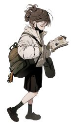Rule 34 | 1girl, backpack, bag, bag charm, black footwear, black skirt, black socks, book, bookmark, brown hair, charm (object), closed eyes, crocs, flip-flops, from side, full body, hair bun, hair ornament, hairclip, hands up, highres, holding, holding book, jacket, long sleeves, mask, mask pull, miniskirt, mormormorp, mouth mask, original, pleated skirt, profile, reading, sandals, shirt, simple background, skirt, socks, solo, sticky note, thermos, updo, wading, white background, white jacket, white shirt