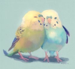 Rule 34 | animal focus, bad id, bad pixiv id, bird, blue eyes, commentary request, closed eyes, green background, manino (mofuritaionaka), no humans, one eye closed, original, parakeet, signature, simple background, standing