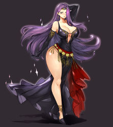 Rule 34 | 1girl, alternate costume, anklet, arm behind back, arm up, black dress, black gloves, breasts, circlet, cleavage, collarbone, commission, curvy, dress, earrings, elbow gloves, fire emblem, fire emblem echoes: shadows of valentia, forehead jewel, full body, gloves, grey background, gurimjang, hair over one eye, high heels, highres, huge breasts, jewelry, long hair, long legs, name connection, narrow waist, nintendo, no bra, pixiv commission, plunging neckline, purple eyes, purple hair, revealing clothes, side slit, solo, sonya (fire emblem gaiden), thick thighs, thighs, very long hair, walking, wide hips