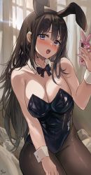 Rule 34 | 1girl, :o, animal ears, black hair, black leotard, black pantyhose, bow, bowtie, breasts, cellphone, cleavage, collar, commentary, fake animal ears, hand on own hip, highres, kneeling, large breasts, leotard, looking at viewer, mole, mole on breast, open mouth, original, pantyhose, phone, playboy bunny, purple eyes, rabbit ears, saya (mychristian2), selfie, sleeve cuffs, solo, thigh gap