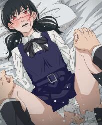 Rule 34 | 1boy, 1girl, blush, censored, chainsaw man, clothed sex, clothing aside, panties, panties aside, penis, pillow, pussy, red eyes, school uniform, sex, solo focus, spread legs, tomu (tomubobu), underwear, vaginal, white panties, yoru (chainsaw man)