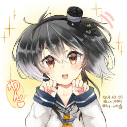 Rule 34 | 10s, 1girl, anchor, anchor symbol, bad id, bad pixiv id, black hair, chain, dated, gradient hair, grey hair, hat, hat ribbon, kantai collection, long sleeves, mini hat, multicolored hair, open mouth, paw pose, ribbon, sailor collar, school uniform, serafuku, short hair, solo, sparkle, tokitsukaze (kancolle), twitter username, two-tone hair, woof, yellow bunny, yellow eyes