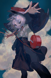 Rule 34 | 1girl, absurdres, aoaso, bag, black pantyhose, black skirt, black sweater, cardigan, cloud, cloudy sky, commentary request, cowboy shot, expressionless, gradient hair, grey eyes, handbag, hat, highres, looking at viewer, low twintails, multicolored hair, neck ribbon, open cardigan, open clothes, original, pantyhose, pink hair, pleated skirt, red hat, red ribbon, ribbon, shirt, skirt, sky, solo, sweater, symbol in eye, twintails, white hair, white shirt