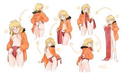 Rule 34 | 1girl, absurdres, adjusting clothes, adjusting fundoshi, aged up, arrow (symbol), artist name, ass, blonde hair, blue eyes, blush, breasts, coat, commission, commissioner upload, dressing, exhibitionism, fabric, feet, feet out of frame, fundoshi, fundoshi pull, genderswap, genderswap (mtf), highres, hood, hooded coat, hooded jacket, hoodie, how to, jacket, japanese clothes, kenny mccormick, licking, licking lips, loincloth, long hair, messy hair, nipples, nude, object in mouth, orange coat, orange jacket, parka, pubic hair, public indecency, pussy, red cloth, red fundoshi, red loincloth, sequential, shouri, small breasts, smile, south park, step by step, t-back, tongue, tongue out, tying fundoshi, watermark