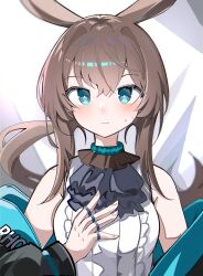 Rule 34 | 1girl, absurdres, amiya (arknights), animal ears, arknights, bare shoulders, black jacket, blue eyes, blush, breasts, brown hair, center frills, closed mouth, floating hair, frills, hair between eyes, hair intakes, hand up, highres, jacket, jewelry, long hair, long sleeves, looking at viewer, medium breasts, off shoulder, open clothes, open jacket, ponytail, puffy long sleeves, puffy sleeves, rabbit ears, ring, shirt, sleeveless, sleeveless shirt, solo, spam (spamham4506), sweat, very long hair, white shirt