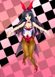 Rule 34 | 1girl, animal ears, bow, bowtie, breasts, brown pantyhose, checkered background, cleavage, detached collar, fake animal ears, full body, highres, kamia (not found), knees together feet apart, leotard, looking at viewer, medium breasts, open mouth, orange pantyhose, original, outstretched arms, pantyhose, playboy bunny, rabbit ears, rabbit girl, rabbit tail, red bow, red bowtie, red leotard, smile, solo, strapless, strapless leotard, tail, thigh gap, vest, white vest, wrist cuffs