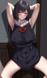 Rule 34 | 1girl, absurdres, armpits, arms up, black hair, blush, bow, breasts, commentary request, cowboy shot, dress, highres, jack dempa, large breasts, legs, long hair, looking at viewer, miyamae shiho (jack dempa), mole, mole under eye, original, red bow, sailor dress, sleeveless, sleeveless dress, smile, solo, standing, sweat, teeth