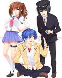 Rule 34 | 1girl, 2boys, :d, ahoge, angel beats!, black hair, black headwear, black jacket, black pants, blue eyes, blue hair, blue skirt, breasts, brown footwear, brown hair, clothes pin, collarbone, collared shirt, commentary, crossed legs, dress shirt, eyes visible through hair, fingernails, frown, full body, hair between eyes, hand on own hip, hand up, hat, highres, hinata hideki, hisako (angel beats!), holding, jacket, legs, loafers, long hair, long sleeves, looking at another, looking at viewer, lower teeth only, medium breasts, miniskirt, multiple boys, naoi ayato, neckerchief, nose, open clothes, open jacket, open mouth, otou (otou san), pants, peaked cap, pink neckerchief, pleated skirt, ponytail, purple eyes, shinda sekai sensen uniform, shirt, shoes, short hair, simple background, sitting, skirt, sleeves rolled up, smile, socks, standing, straight hair, sweatdrop, teeth, upper teeth only, white background, white shirt, white socks, yellow eyes, yellow jacket