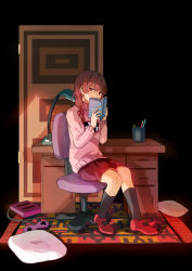 Rule 34 | 1girl, black socks, book, braid, brown hair, carpet, chair, controller, covering own mouth, desk, door, game console, game controller, getiao, hair bobbles, hair ornament, kneehighs, lamp, looking at viewer, madotsuki, office chair, pillow, pink shirt, red eyes, shirt, sitting, skirt, socks, solo, sweater, swivel chair, twin braids, yume nikki