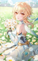 Rule 34 | 1girl, bare back, bare shoulders, blonde hair, blush, detached sleeves, dress, feather hair ornament, feathers, field, flower, flower field, genshin impact, gloves, hair between eyes, hair flower, hair ornament, highres, holding, holding flower, iyar, looking at viewer, lumine (genshin impact), open mouth, partially fingerless gloves, scarf, short hair with long locks, shoulder blades, sidelocks, solo, sunflower, sunflower field, white dress, white flower, white scarf, yellow eyes