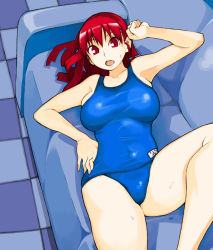 Rule 34 | 1girl, armpits, breasts, couch, large breasts, lying, mori hikiko, one-piece swimsuit, original, red eyes, red hair, school swimsuit, solo, swimsuit, takayama toshinori
