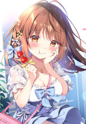Rule 34 | 1girl, :t, bag, blue bow, blue skirt, blush, bow, breasts, brown eyes, brown hair, cleavage, closed mouth, collarbone, commentary request, eating, food, fruit, hair bow, hand on own cheek, hand on own face, hands up, high-waist skirt, holding, holding food, jewelry, kokoa-chan (pan (mimi)), long hair, looking at viewer, medium breasts, original, pan (mimi), pendant, puffy short sleeves, puffy sleeves, shirt, short sleeves, shoulder bag, skirt, solo, strawberry, wavy mouth, white bow, white shirt, yellow bow