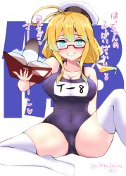 Rule 34 | 1girl, absurdres, blonde hair, blue eyes, book, breasts, character name, glasses, hair between eyes, hat, highres, i-8 (kancolle), kantai collection, kitahama (siroimakeinu831), large breasts, low twintails, name tag, navel, one-piece swimsuit, peaked cap, red-framed eyewear, sailor hat, school swimsuit, semi-rimless eyewear, sitting, smile, solo, swimsuit, swimsuit under clothes, thighhighs, torpedo, tri tails, twintails, twitter username, under-rim eyewear, white background, white thighhighs