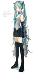 Rule 34 | 1girl, absurdres, aqua eyes, aqua hair, aqua necktie, bare shoulders, birthday, black skirt, black sleeves, black thighhighs, commentary, detached sleeves, from side, full body, grey shirt, hair ornament, hatsune miku, headset, highres, ligton1225, long hair, looking to the side, microphone, necktie, shirt, shoulder tattoo, simple background, skirt, sleeveless, sleeveless shirt, smile, solo, tattoo, thighhighs, twintails, very long hair, vocaloid, white background, zettai ryouiki