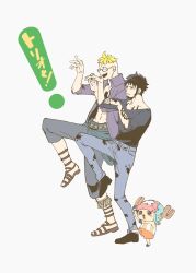 Rule 34 | !, 3boys, absurdres, antlers, arm tattoo, arms up, black hair, black shirt, blonde hair, blush stickers, chest tattoo, collared shirt, commentary request, cross, denim, facial hair, full body, glasses, goatee, hat, highres, horns, jeans, karrrrrrrps, leg up, male focus, marco (one piece), multiple boys, open clothes, open shirt, orange shorts, pants, purple shirt, reindeer antlers, shirt, short hair, shorts, sideburns, simple background, smile, tattoo, tony tony chopper, trafalgar law, white background, yotsubato!, yotsubato! pose