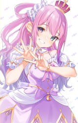 Rule 34 | 1girl, absurdres, blush, breasts, candy hair ornament, commentary request, crescent, crescent earrings, crown, dress, earrings, food-themed hair ornament, green eyes, grin, hair ornament, hair rings, hands up, heterochromia, highres, himemori luna, himemori luna (1st costume), hololive, jewelry, kanae (inorin05kanae), long hair, looking at viewer, medium breasts, mini crown, one side up, pink hair, purple dress, purple eyes, short sleeves, sidelocks, simple background, smile, solo, virtual youtuber
