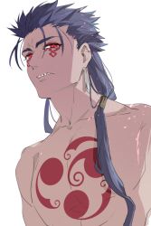 Rule 34 | 1boy, angry, blue hair, bodypaint, collarbone, cu chulainn (fate), cu chulainn (fate) (all), cu chulainn (fate/stay night), cu chulainn alter (fate), cu chulainn alter (fate/grand order), dark blue hair, dark persona, earrings, facepaint, fate/grand order, fate (series), jewelry, lancer, long hair, looking at viewer, looking down, male focus, muscular, muscular male, nozawa, ponytail, red eyes, sharp teeth, simple background, slit pupils, solo, spiked hair, teeth, topless male