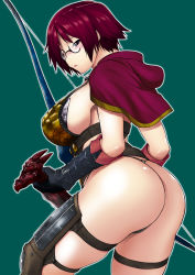 Rule 34 | 1girl, armor, ass, bikini armor, black eyes, blush, bow (weapon), breasts, capcom, curvy, dragon&#039;s dogma, dragon&#039;s dogma (series), g-string, glasses, highres, huge ass, huge breasts, legs, looking at viewer, looking back, panties, pawn (dragon&#039;s dogma), red hair, short hair, sideboob, simple background, solo, tanabe (studio tiamat), thick thighs, thighs, thong, underwear, weapon