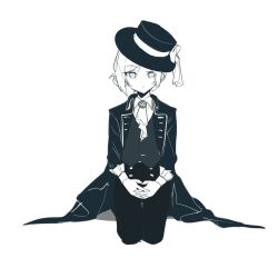 Rule 34 | 1girl, ascot, brooch, collared coat, collared shirt, commentary, expressionless, greyscale, hair bun, hat, hat ribbon, highres, jewelry, kaeshi (yuukaeshi), looking at viewer, monochrome, own hands together, pants, reverse:1999, ribbon, seiza, shirt, single side bun, sitting, solo, top hat, vertin (reverse:1999), vest