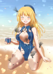 Rule 34 | 10s, 1girl, absurdres, atago (kancolle), beret, blonde hair, breasts, cleavage, closed eyes, front zipper swimsuit, gift, hat, highres, huge breasts, kantai collection, long hair, meme attire, one-piece swimsuit, pita (pitaani-223), sitting, smoke, swimsuit, torn clothes, wariza