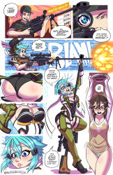 Rule 34 | 1boy, 1girl, absurdres, anti-materiel rifle, artist name, asada shino, ass, ass expansion, between breasts, black shorts, blue eyes, blue hair, blue panties, blush, breast expansion, breasts, brown eyes, brown hair, cameltoe, cleavage, clothing cutout, collarbone, comic, cropped jacket, curvy, english text, genderswap, genderswap (mtf), glasses, green jacket, green pants, gun, hair between eyes, hair ornament, hairclip, hat, highres, holding, holding gun, holding weapon, huge ass, jacket, large breasts, lips, long sleeves, multicolored clothes, multicolored jacket, open mouth, original, panties, pants, rifle, scarf, shirt, short hair, short shorts, shorts, sinon, skindentation, smoking, sniper rifle, speech bubble, striped clothes, striped panties, sword art online, thetransformistress, thick thighs, thigh cutout, thighs, two-tone jacket, underwear, weapon, white jacket, white panties, white scarf, wide hips