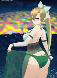 Rule 34 | 1girl, arm warmers, ass, bare shoulders, blonde hair, blush, braid, breasts, butt crack, detached sleeves, from behind, green eyes, hair ornament, highres, huge ass, iciasart, large breasts, leafa, long hair, looking at viewer, panties, pointy ears, ponytail, sideboob, smile, solo, sword art online, thick thighs, thighs, twin braids, underwear, very long hair