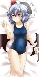 Rule 34 | 1girl, bed, blush, covered navel, frown, fumi (fumifumi-graffiti), hat, highres, lying, one-piece swimsuit, red eyes, remilia scarlet, school swimsuit, skindentation, solo, swimsuit, touhou, wings