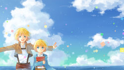 Rule 34 | 2boys, aged down, armin arlert, blue eyes, blue sky, book, brown jacket, child, confetti, dual persona, holding, holding book, jacket, long sleeves, male focus, moxue qianxi, multiple boys, ocean, open mouth, outstretched arms, paradis military uniform, shingeki no kyojin, sky, smile, suspenders, teeth, upper teeth only