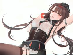 Rule 34 | 1girl, bad id, bad pixiv id, black gloves, black thighhighs, breasts, brown hair, chilli 646, corset, dsr-50 (girls&#039; frontline), girls&#039; frontline, gloves, hand to own mouth, hand up, hat, highres, long hair, looking at viewer, lying, medium breasts, on back, open mouth, red eyes, shirt, sideboob, solo, thighhighs, uniform, white background