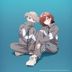 Rule 34 | 2girls, blue background, blue eyes, brown hair, commentary request, covering own mouth, expressionless, grey hair, grey jacket, grey pants, hair ornament, hairclip, hand on own knee, hand up, highres, higuchi madoka, idolmaster, idolmaster shiny colors, jacket, long sleeves, looking at viewer, mole, mole under eye, multiple girls, official art, on floor, pants, pink eyes, print jacket, serizawa asahi, shoes, short hair, short twintails, sidelocks, sitting, sleeves past fingers, sleeves past wrists, sneakers, track jacket, twintails, white footwear